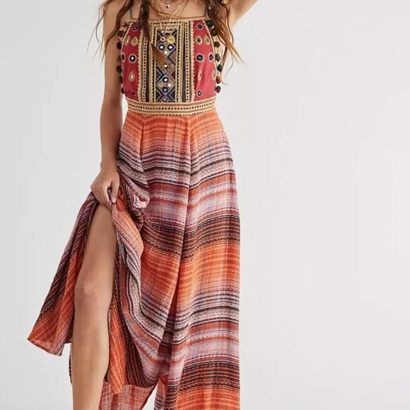 Free People Regina Mosaic embellished Ethnic Midi Designer Boho Chic Long Dress - Picture 2 of 16